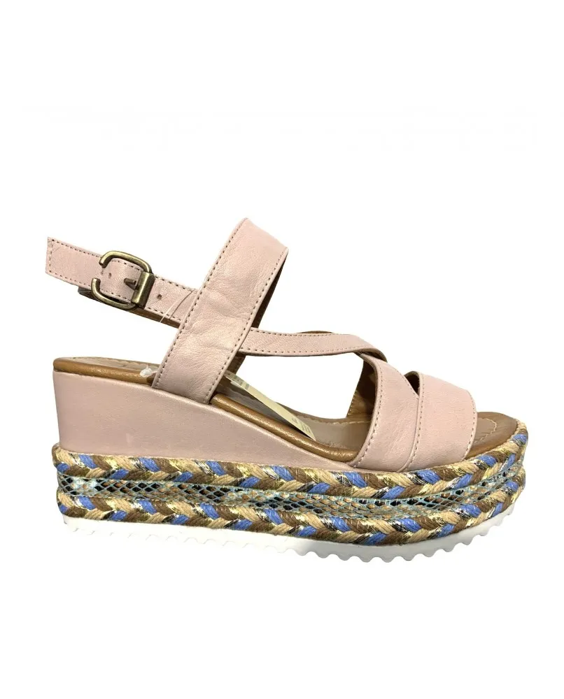 BUENO sandalo etnico donna zeppa in pelle rosa corda