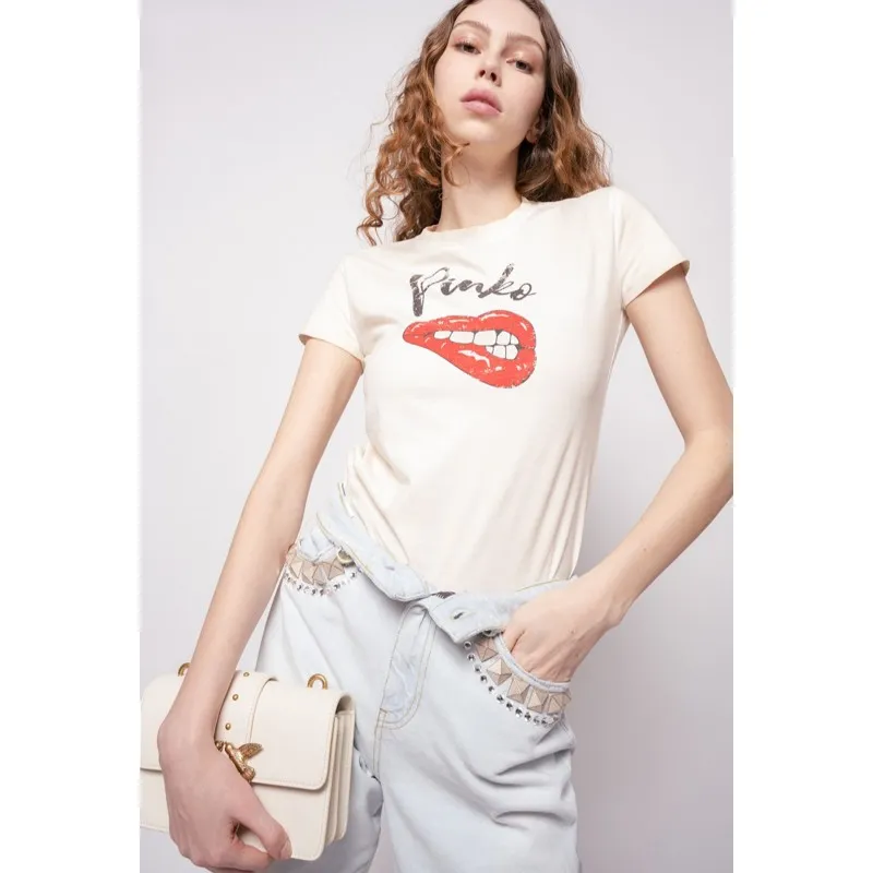 PINKO t-shirt TOLMEZZO kiss in cotone organico WHITE