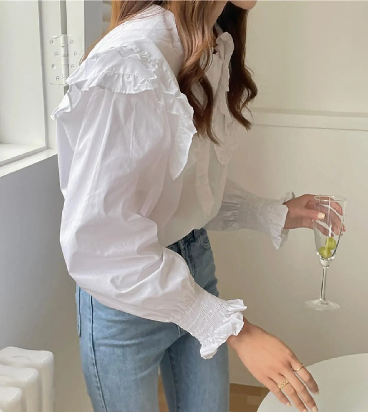 Top da donna eleganti Colletto rovesciato Camicia a maniche lunghe arruffata Camicette da donna bianche casual larghe Abbigliame